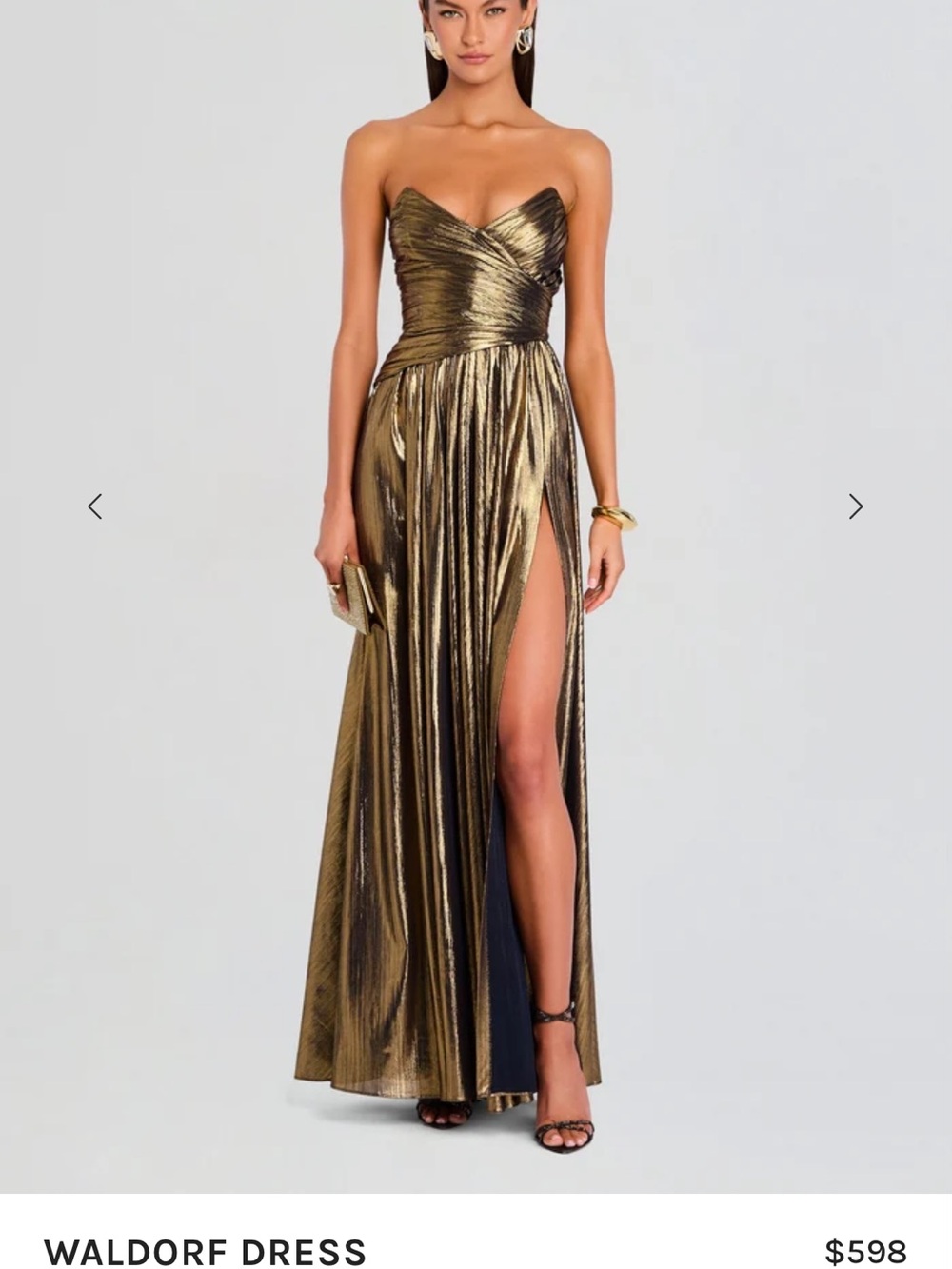 Retrofete Metallic Gold Draped Maxi Evening Gown
